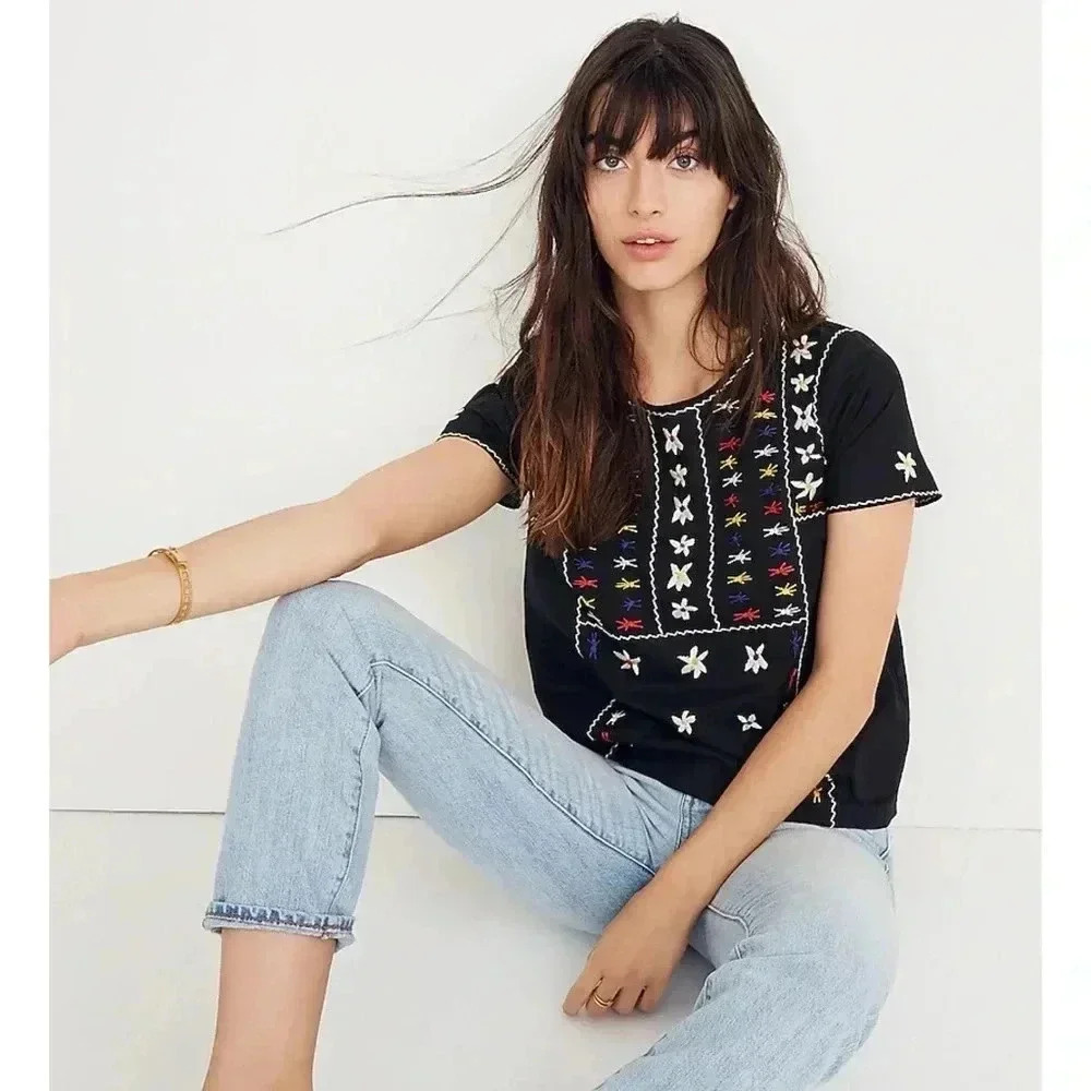 Madewell Embroidered Tie Back Cut Out Top